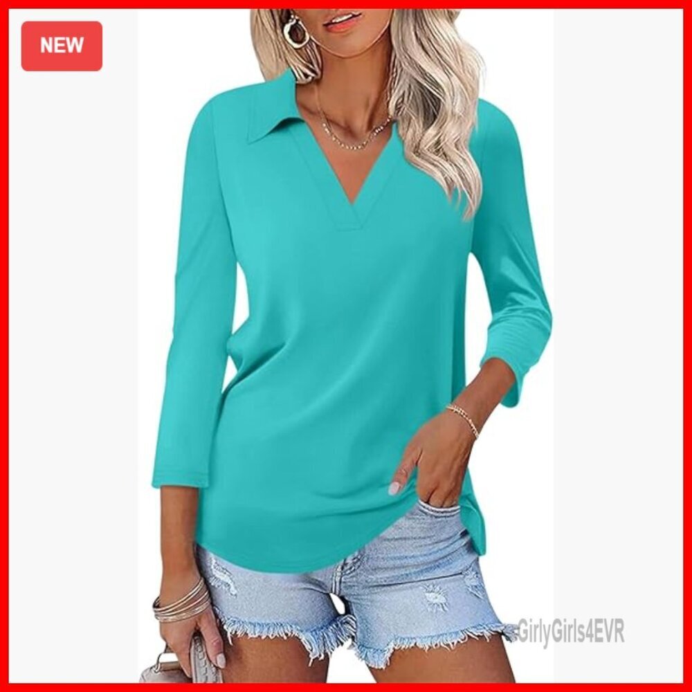 3/4 Sleeve V-Neck Polo Top Business Casual Loose Fit